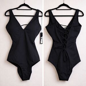 Black Corset Back Shaping Swimsuit Large TA3 Plungey One Piece REG/LONG NWT